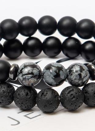 Shungite, lava stone, obsidian, hematite double bracelet for men or women, double obsidian triple2 photo