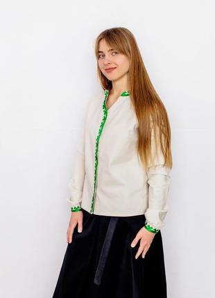 Women's long sleeve office shirt with green embroidery2 photo