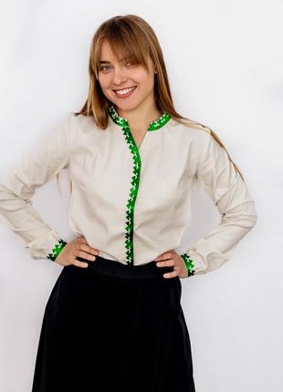 Women's long sleeve office shirt with green embroidery4 photo