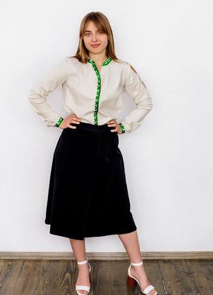 Women's office long sleeve shirt with green embroidery