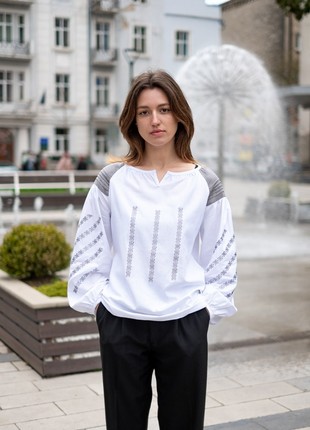 Women's white linen embroidered shirt with a silver look Podillia
