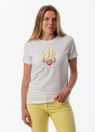 Women's t-shirt with embroidery "Ukrainian tryzub red Kalina" white. Support Ukraine