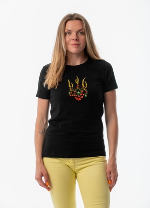 Women's t-shirt with embroidery "Ukrainian coat of arms Red Kalyna" black
