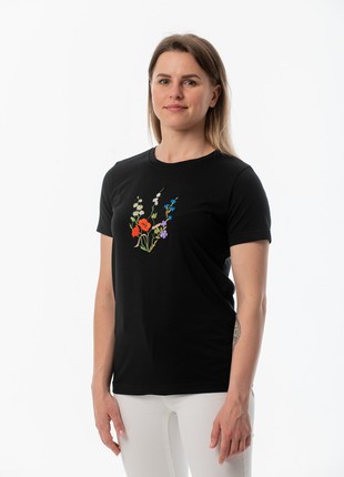 Women's t-shirt with embroidery "Coat of arms Blooming Ukraine" black4 photo