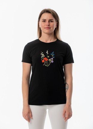 Women's t-shirt with embroidery "Coat of arms Blooming Ukraine" black3 photo
