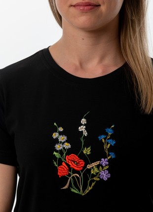 Women's t-shirt with embroidery "Coat of arms Blooming Ukraine" black2 photo