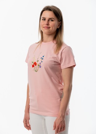 Women's t-shirt with embroidery "Coat of arms Blooming Ukraine" pink4 photo