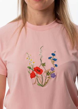Women's t-shirt with embroidery "Coat of arms Blooming Ukraine" pink3 photo