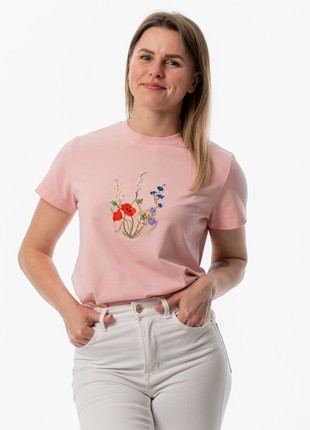 Women's t-shirt with embroidery "Coat of arms Blooming Ukraine" pink5 photo