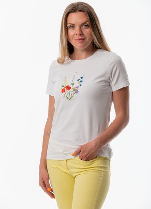 Women's t-shirt with embroidery "Coat of arms Blooming Ukraine" white3 photo