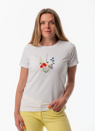 Women's t-shirt with embroidery "Tryzub Blooming Ukraine" white
