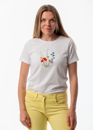 Women's t-shirt with embroidery "Coat of arms Blooming Ukraine" white4 photo