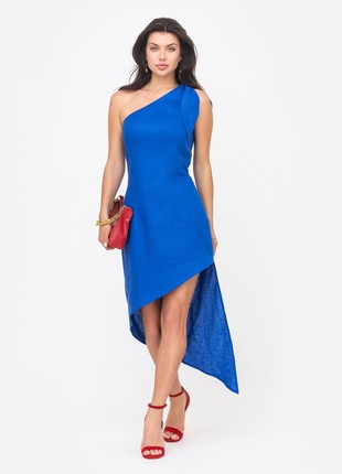 The dress is asymmetrical on one shoulder