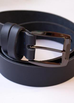 Navy blue leather belt with black buckle