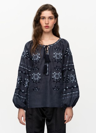 Embroidered shirt in dark-grey linen Onyx
