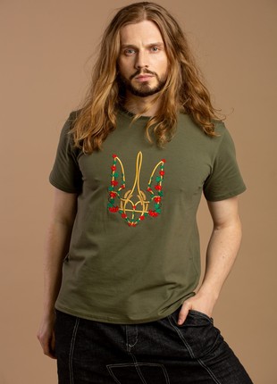 Basic T-shirt with embroidery "Red kalyna trident" khaki. support ukraine
