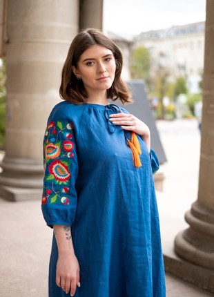 Embroidered blue linen dress Bolekhivska kvitka