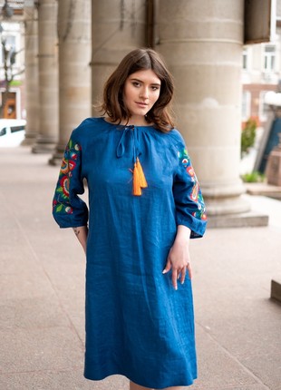 Embroidered blue linen dress Bolekhivska kvitka2 photo