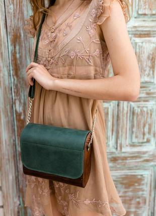 Women's dark wooden shoulder bag with leather inserts / Green6 photo