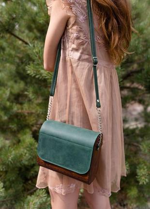 Women's dark wooden shoulder bag with leather inserts / Green7 photo