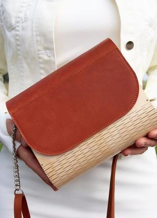 Handmade leather and wooden bag with shoulder strap for woman/ luxury crossbody purse