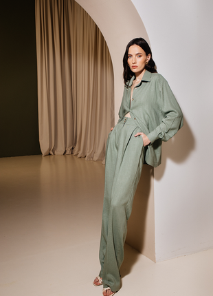 Linen suit, pants palazzo and shirt, olive color1 photo