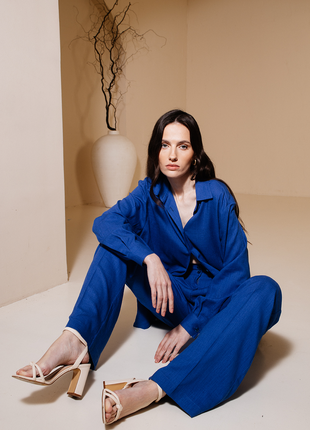 Linen suit, trousers palazzo and shirt, blue color