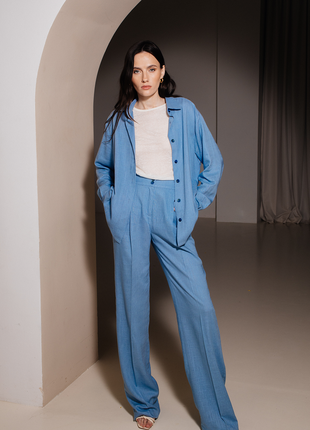 Linen suit, pants palazzo and shirt, light blue color