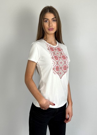 women's t-shirt with red embroidery "Polish star", milky2 photo