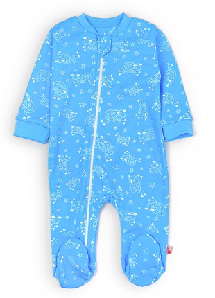 Blue cotton baby jumpsuit with a zipper and closed feet Tunes