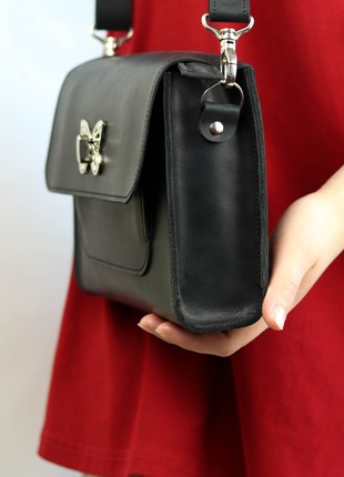 Leather shoulder bag for women / Medium elegant purse with flap / Black - 10392 photo