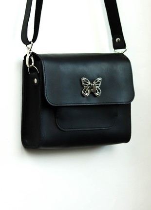 Leather shoulder bag for women / Medium elegant purse with flap / Black - 10399 photo