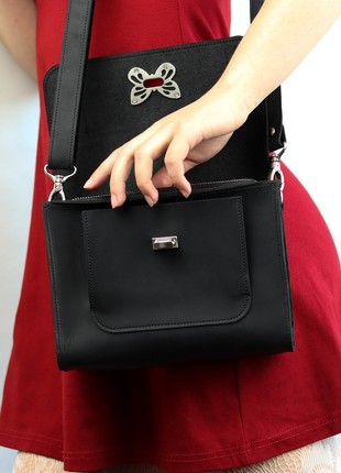 Leather shoulder bag for women / Medium elegant purse with flap / Black - 10396 photo