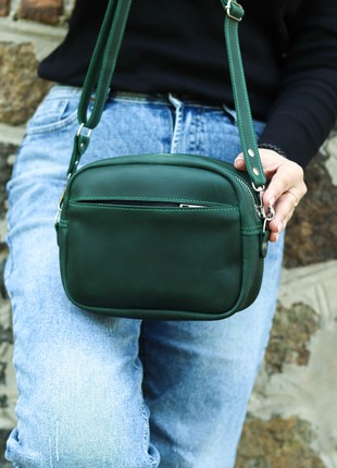 Leather crossbody bag with strap / Shoulder purse with zipper / Green - 10408 photo
