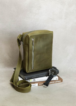 Men's leather shoulder bag / Crossbody bag with one compartment / Olive - 10436 photo