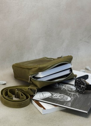 Men's leather shoulder bag / Crossbody bag with one compartment / Olive - 10437 photo