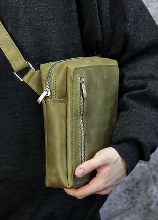 Men's leather shoulder bag / Crossbody bag with one compartment / Olive - 1043