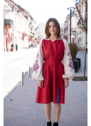Red linen embroidered dress Infinity