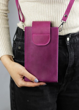 Crossbody mobile phone bag / Small leather bag with card slots on shoulder strap / Pink - 1036