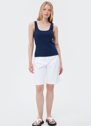 Navy blue cotton ribbed tank top with deep oval neckline