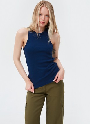 Navy blue cotton ribbed tank top with an oval neckline