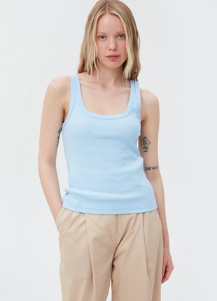 Blue cotton ribbed tank top with deep oval neckline