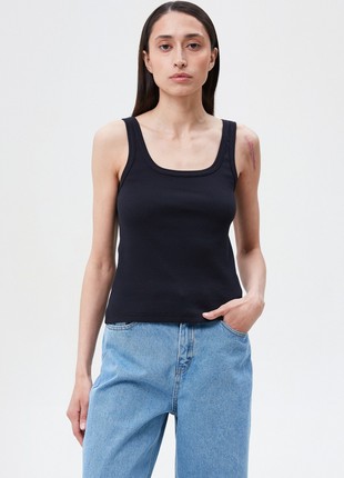 Black cotton ribbed tank top with deep oval neckline