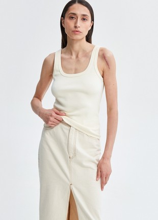 Milky cotton ribbed tank top with deep oval neckline
