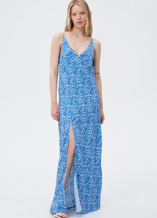 Maxi viscose slip dress with "blue drops" print