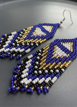Bead earrings Blue and gold fringe earrings dangle earrings Elegant jewelry Tassel earrings