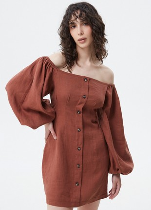 Chocolate short linen dress with open shoulders