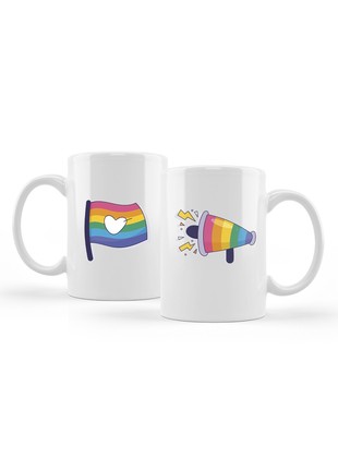 White Ceramic Mug 330ml with a rainbow megaphone and LGBT flag