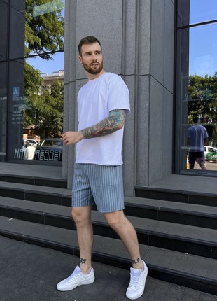 Men's shorts COZY gray-blue in white striped linen SHL01