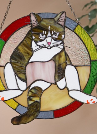 Custom pet portrait Funny Suncatcher Stained Glass Decor Home House Window Wall Hangings, Cat Dog lover
